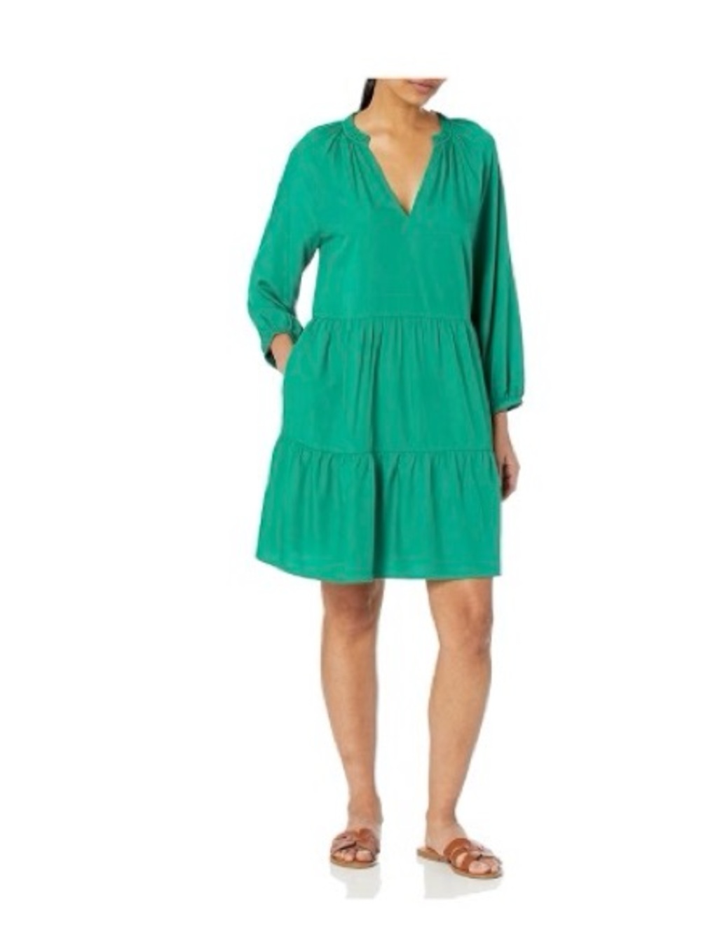 The Drop Tiered V-Neck Mini Dress in Emerald Green